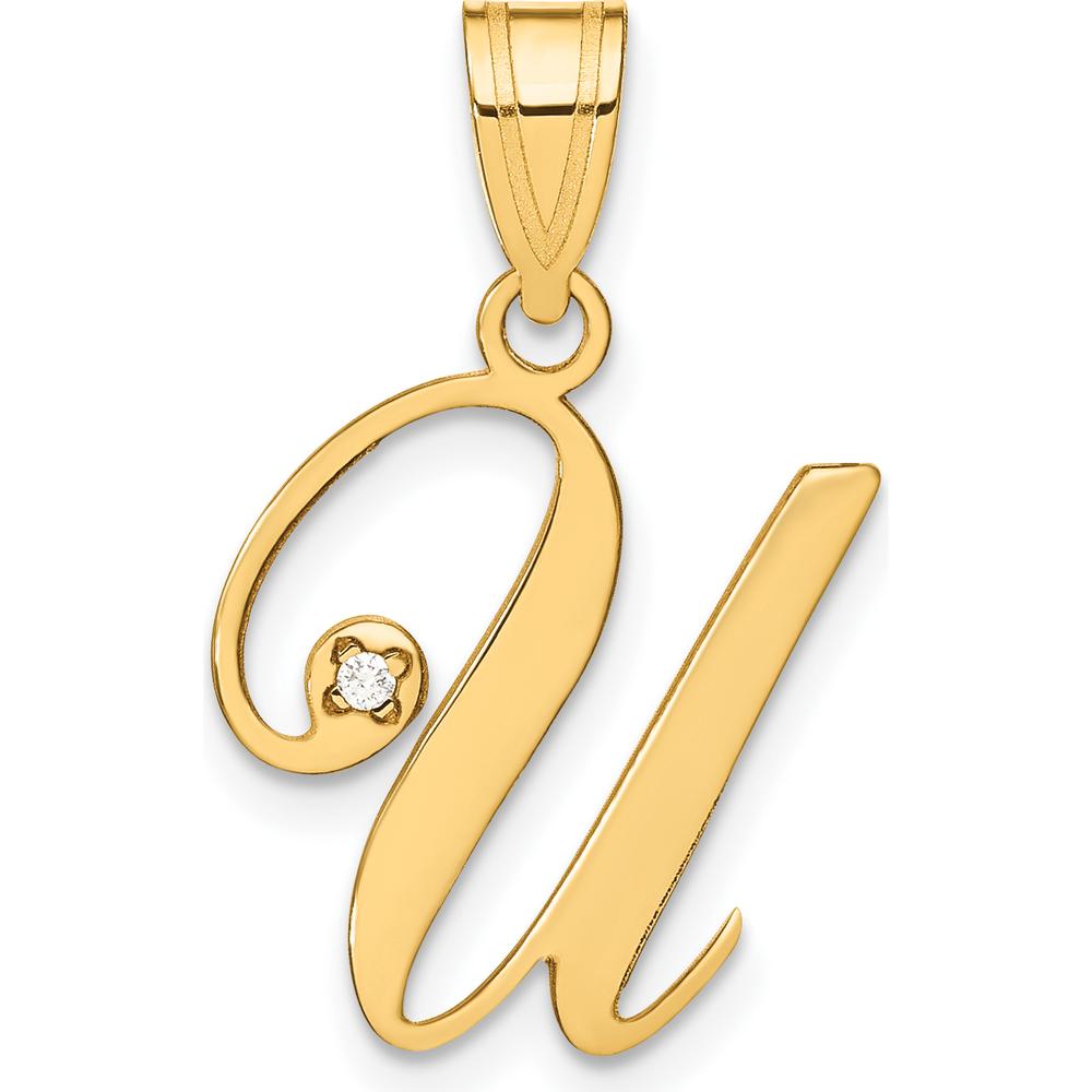 14K Yellow Gold Script Letter "U" Pendant with Round Diamond - 0.01 Carat Diamond by Oro Pregiato