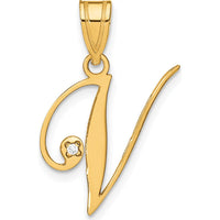 14K Yellow Gold Script Letter V Pendant with Round Diamond - 0.01 Carat Total Diamond Weight by Oro Pregiato