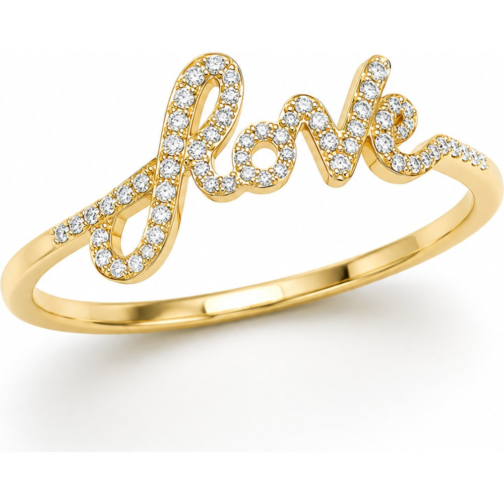 14K Yellow Gold Script Love Fashion Ring with Pavé Set Round Diamonds - 0.09 Carat Total Diamond Weight by Auriventus