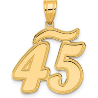 14K Yellow Gold Script Number 45 Pendant with Brushed Border - Laser Cut Design by 0