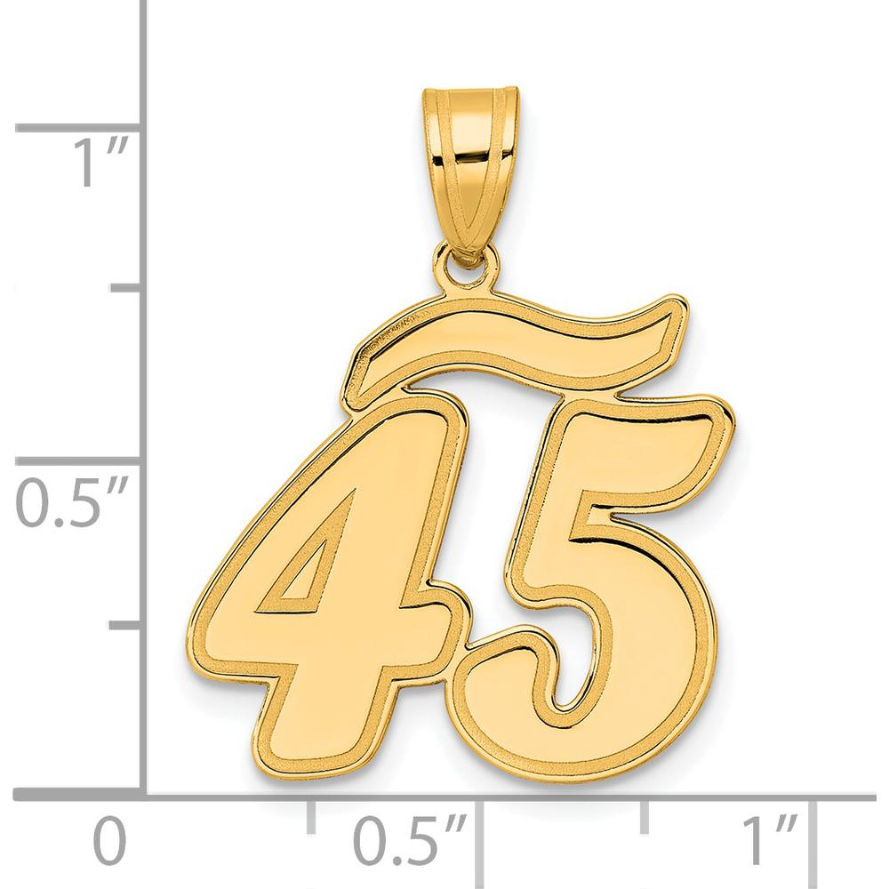 14K Yellow Gold Script Number 45 Pendant with Brushed Border - Laser Cut Design by 0