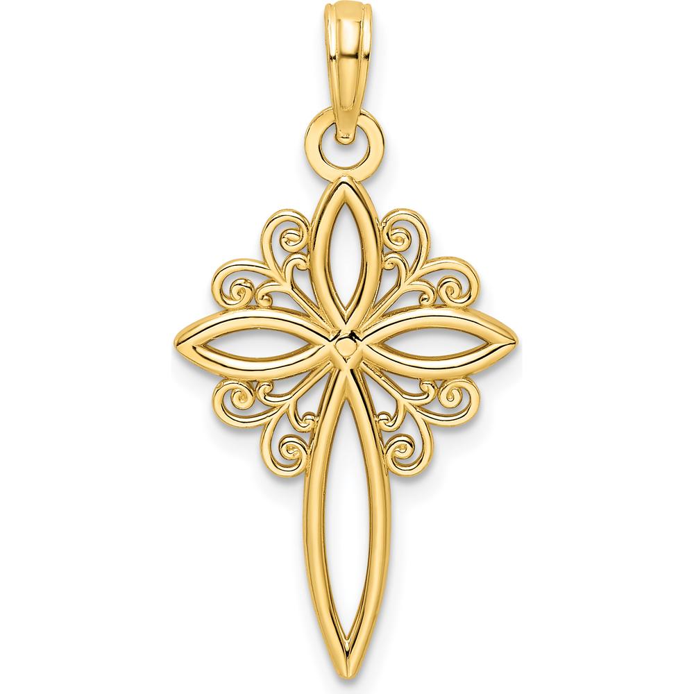 14K Yellow Gold Scroll Design Polished Cross Pendant - 32mm by Oro Pregiato
