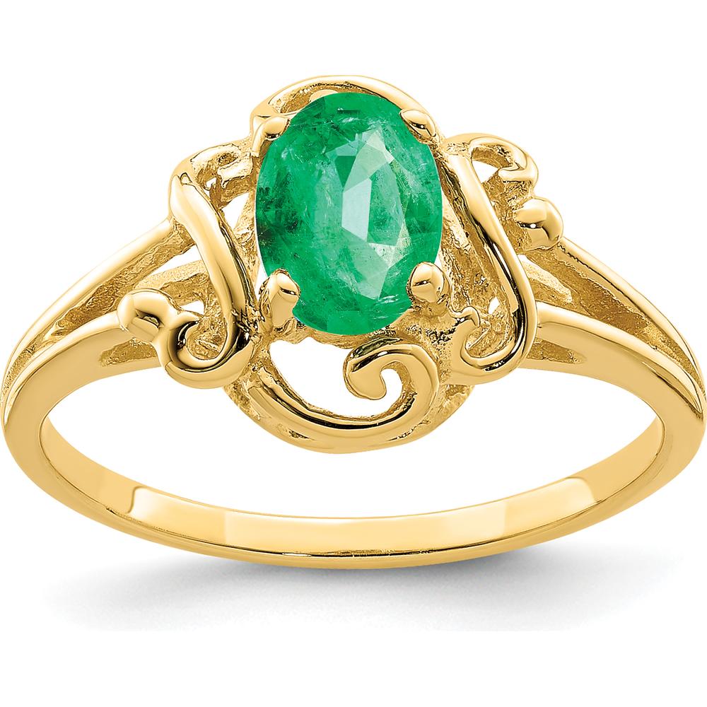 14K Yellow Gold Scrollwork Ring with 7x5mm Oval Natural Emerald - 0.78 Carat Total Gem Weight by Monteluci Fine Jewelry