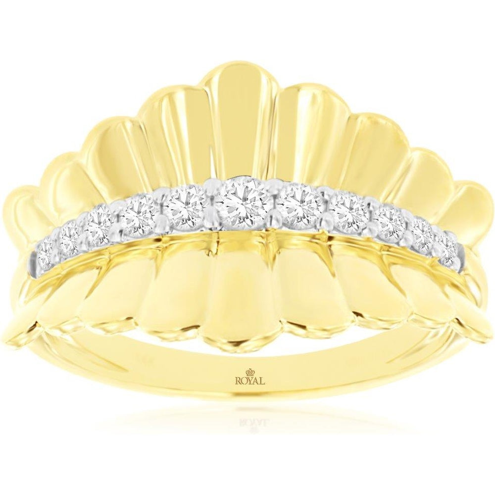 14K Yellow Gold Sculptural Fan Motif Ring with Prong-Set Round Diamonds - 0.40 Carat Total Diamond Weight - Royal Jewelry