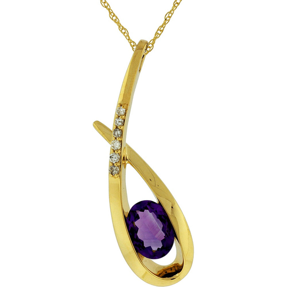 14K Yellow Gold Sculptural Pendant with 1.00 Carat Oval Amethyst and 0.08 Carat Round Diamond Accents - Royal Jewelry