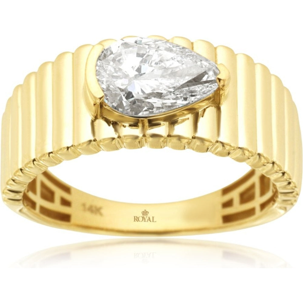 14K Yellow Gold Sculptural Ribbed Band Ring with Bezel-Set Pear-Shaped Lab-Grown Diamond - 1.00 Carat Total Diamond Weight - Royal Jewelry