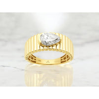 14K Yellow Gold Sculptural Ribbed Band Ring with Bezel-Set Pear-Shaped Lab-Grown Diamond - 1.00 Carat Total Diamond Weight - Royal Jewelry