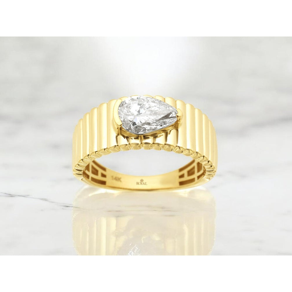 14K Yellow Gold Sculptural Ribbed Band Ring with Bezel-Set Pear-Shaped Lab-Grown Diamond - 1.00 Carat Total Diamond Weight - Royal Jewelry