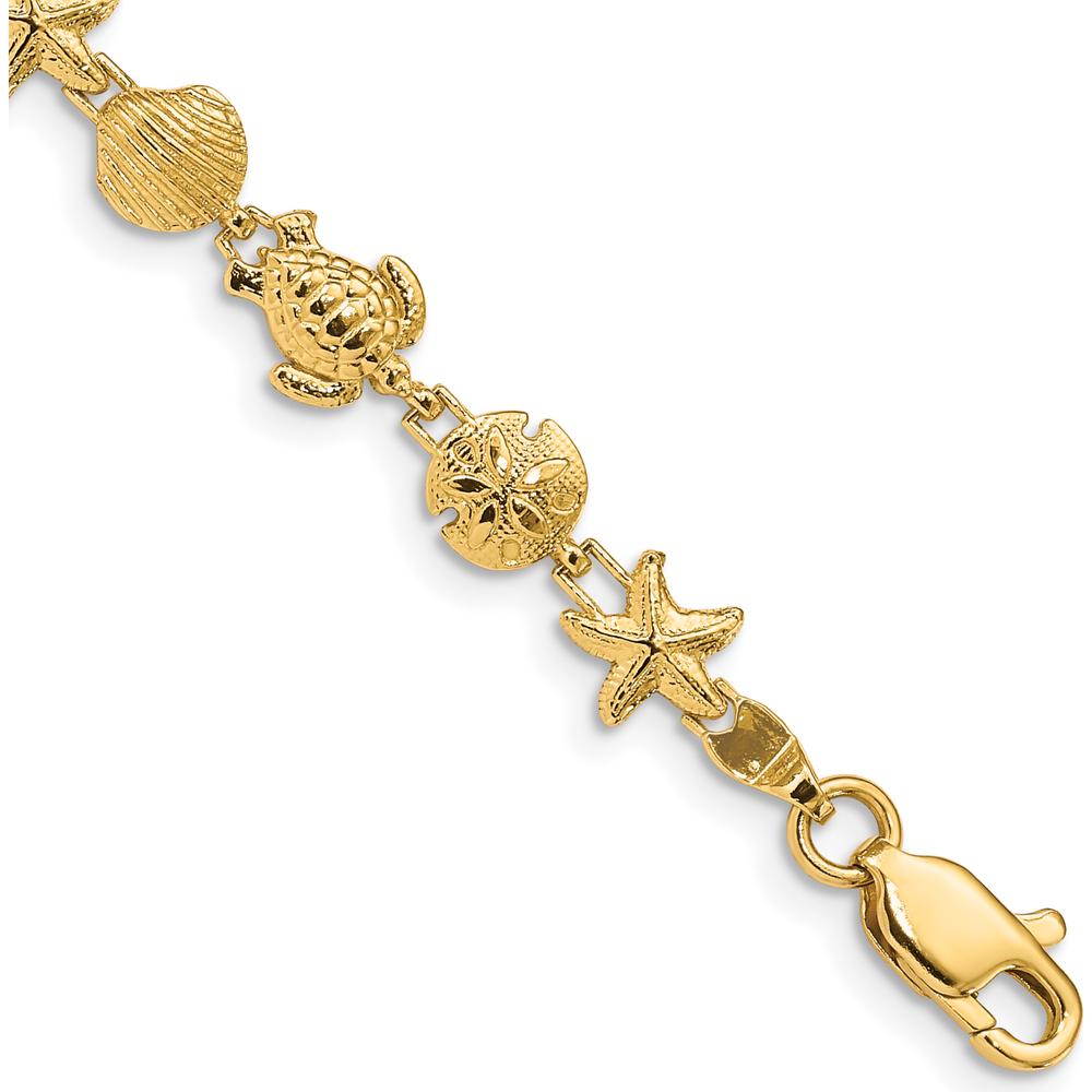 14K Yellow Gold Sea Life Bracelet with Textured and Polished Turtle, Starfish, and Shell Motifs - 7 Inch Length by Oro Pregiato