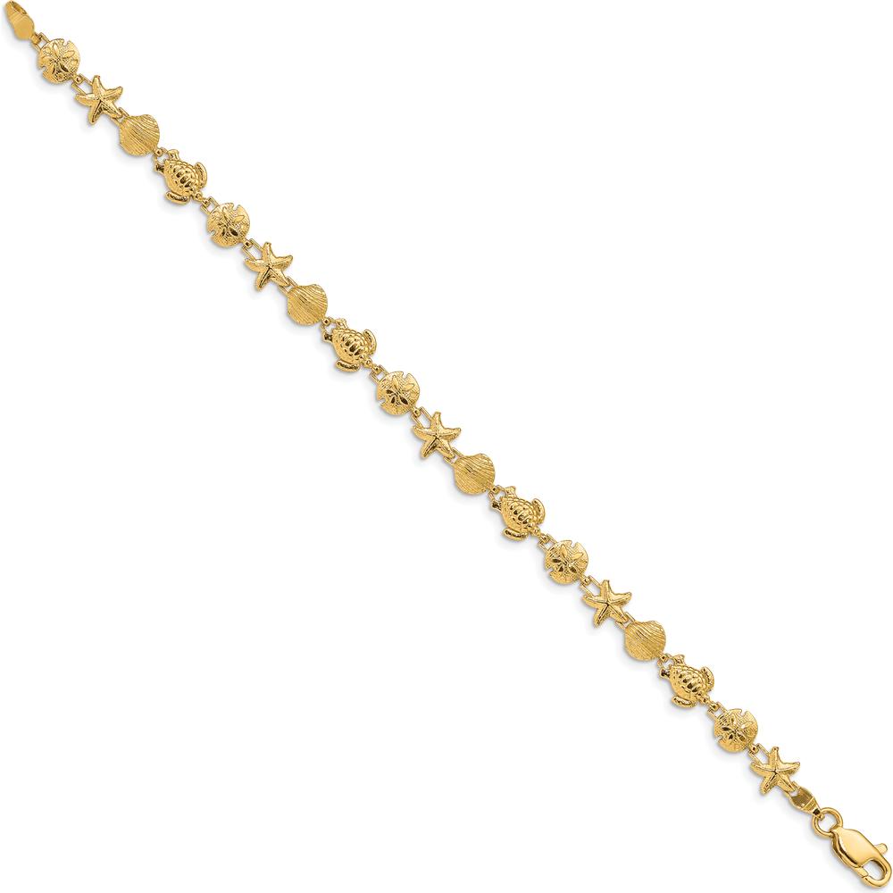 14K Yellow Gold Sea Life Bracelet with Textured and Polished Turtle, Starfish, and Shell Motifs - 7 Inch Length by Oro Pregiato