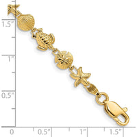 14K Yellow Gold Sea Life Bracelet with Textured and Polished Turtle, Starfish, and Shell Motifs - 7 Inch Length by Oro Pregiato
