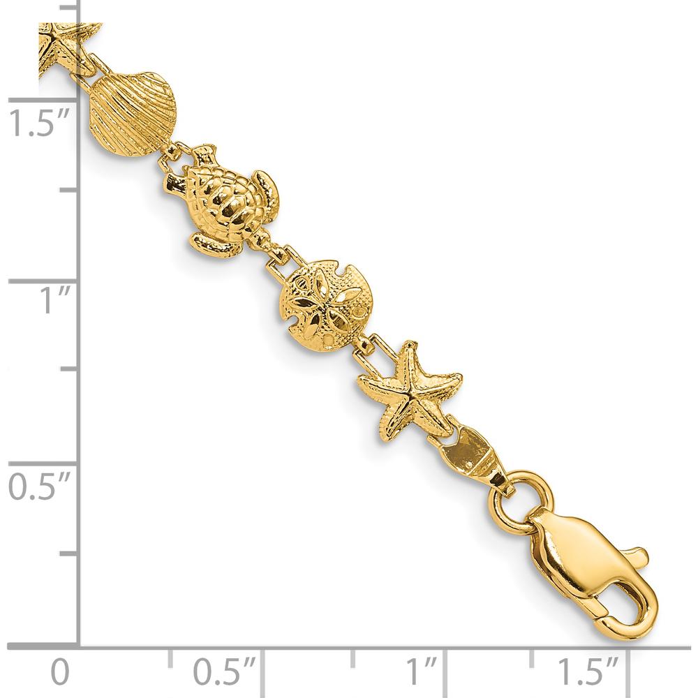 14K Yellow Gold Sea Life Bracelet with Textured and Polished Turtle, Starfish, and Shell Motifs - 7 Inch Length by Oro Pregiato