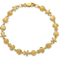 14K Yellow Gold Sea Life Bracelet with Textured and Polished Turtle, Starfish, and Shell Motifs - 7 Inch Length by Oro Pregiato