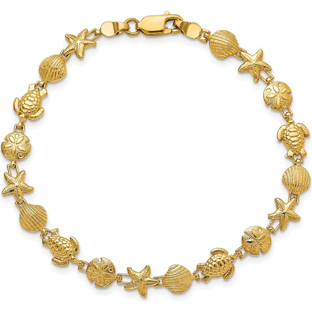 14K Yellow Gold Sea Life Bracelet with Textured and Polished Turtle, Starfish, and Shell Motifs - 7 Inch Length by Oro Pregiato