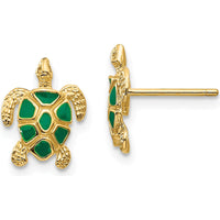 14K Yellow Gold Sea Turtle Button Earrings with Green Enamel Accents by Oro Pregiato