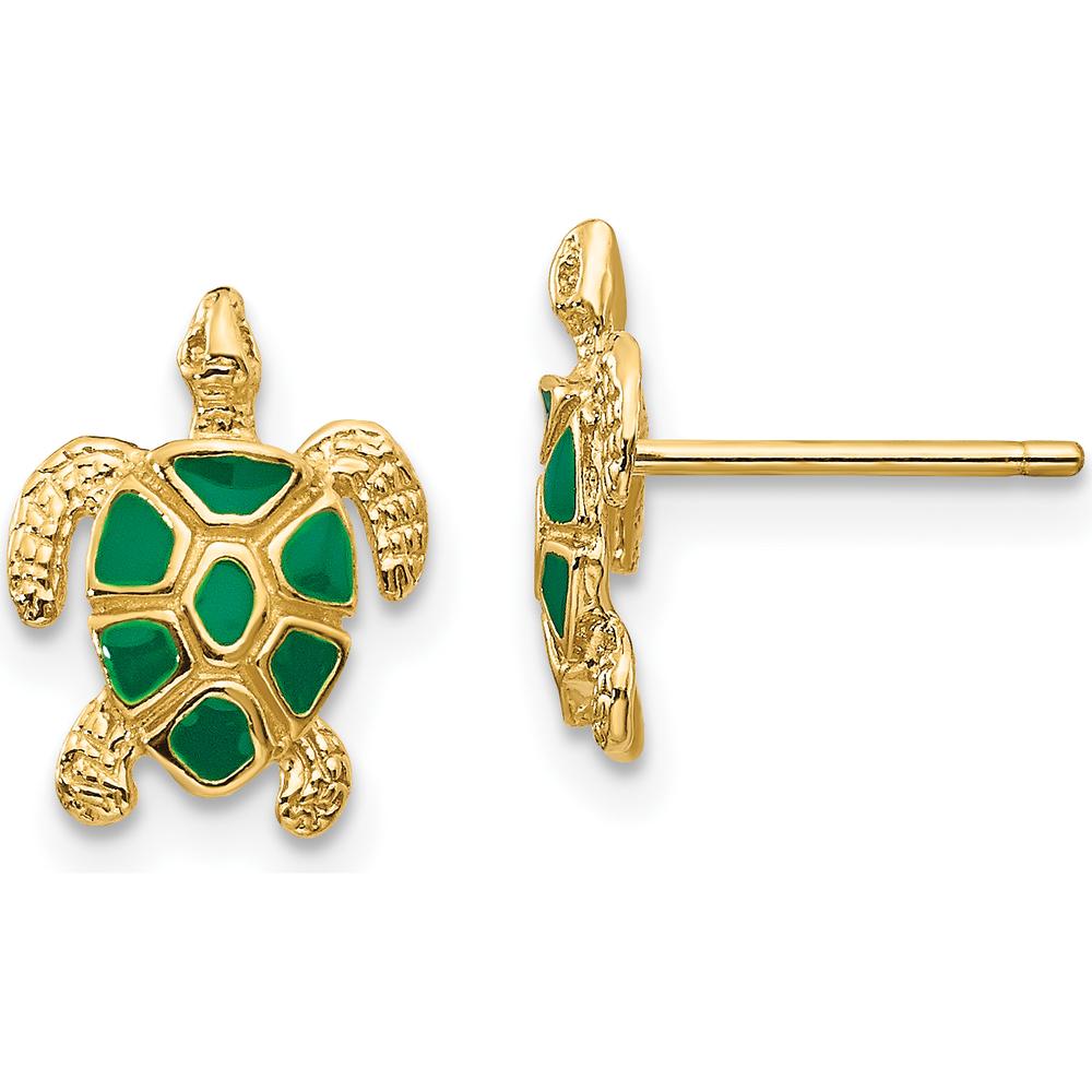 14K Yellow Gold Sea Turtle Button Earrings with Green Enamel Accents by Oro Pregiato