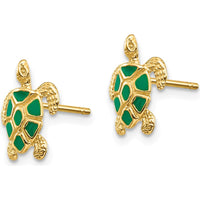14K Yellow Gold Sea Turtle Button Earrings with Green Enamel Accents by Oro Pregiato