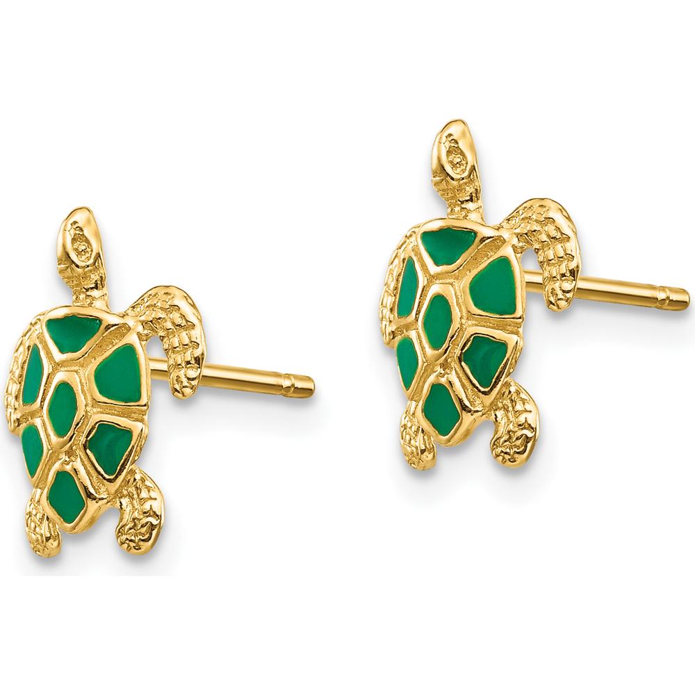14K Yellow Gold Sea Turtle Button Earrings with Green Enamel Accents by Oro Pregiato