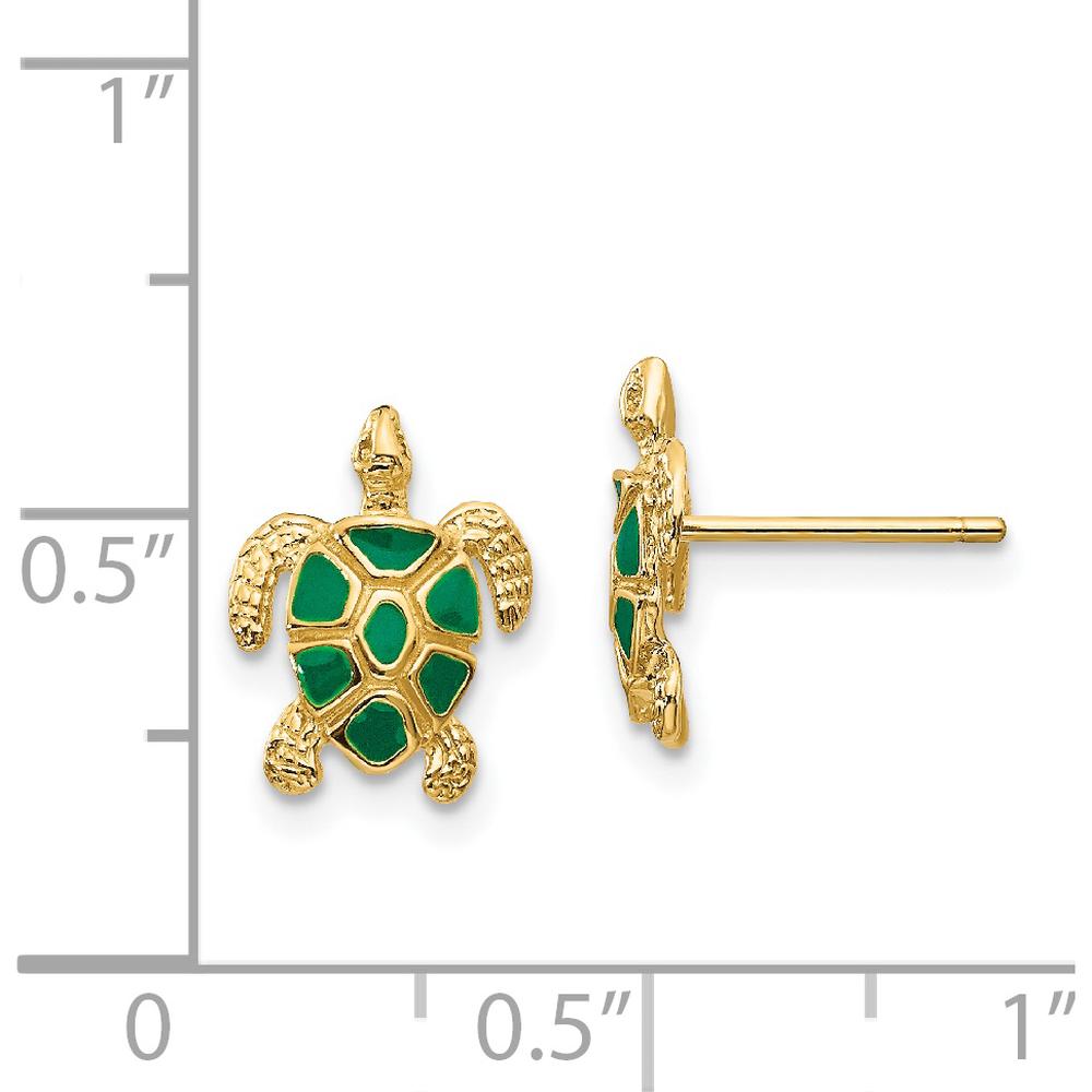 14K Yellow Gold Sea Turtle Button Earrings with Green Enamel Accents by Oro Pregiato