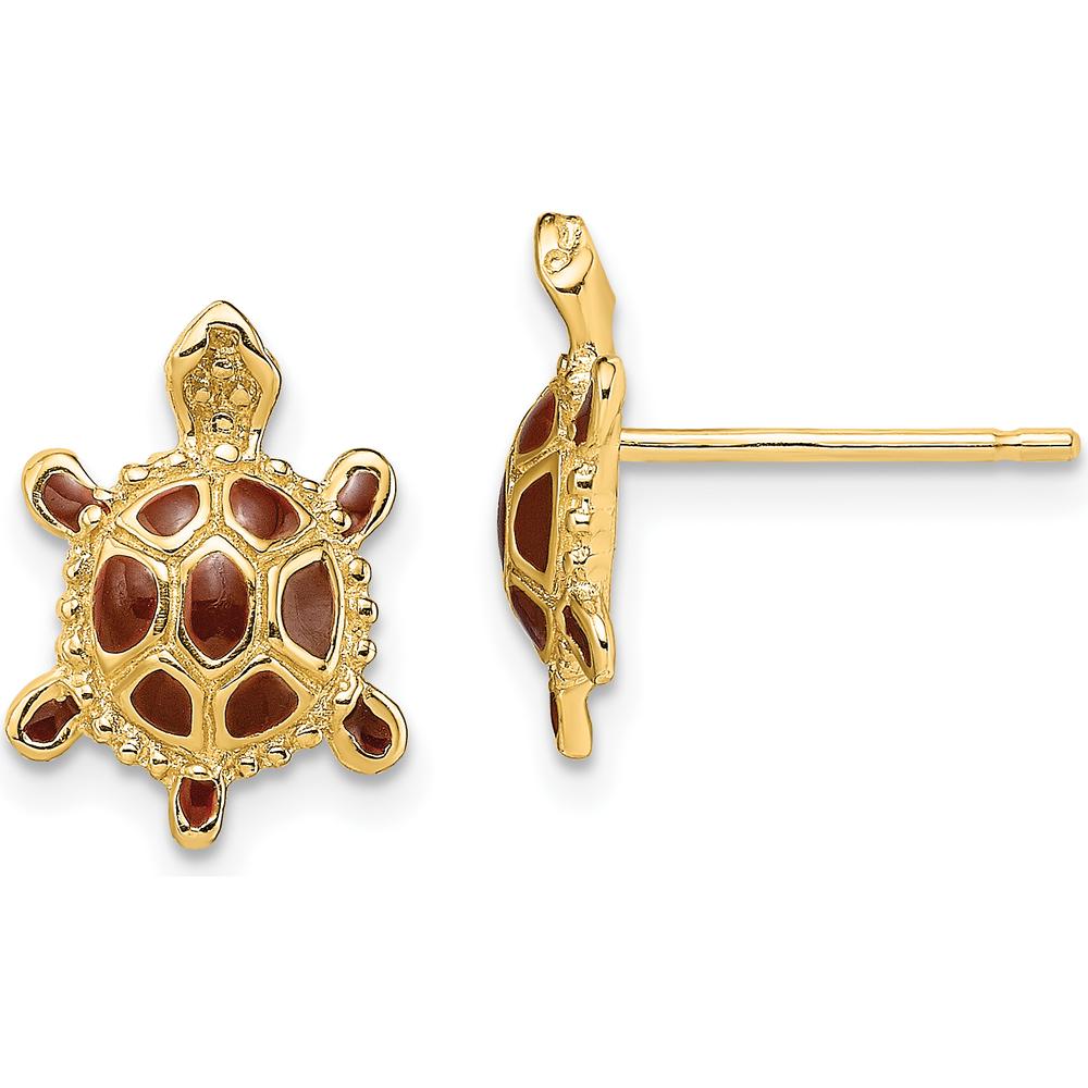 14K Yellow Gold Sea Turtle Button Earrings with Spiny Brown Enamel Shell - 12.25mm Length by 0
