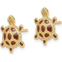 14K Yellow Gold Sea Turtle Button Earrings with Spiny Brown Enamel Shell - 12.25mm Length by 0