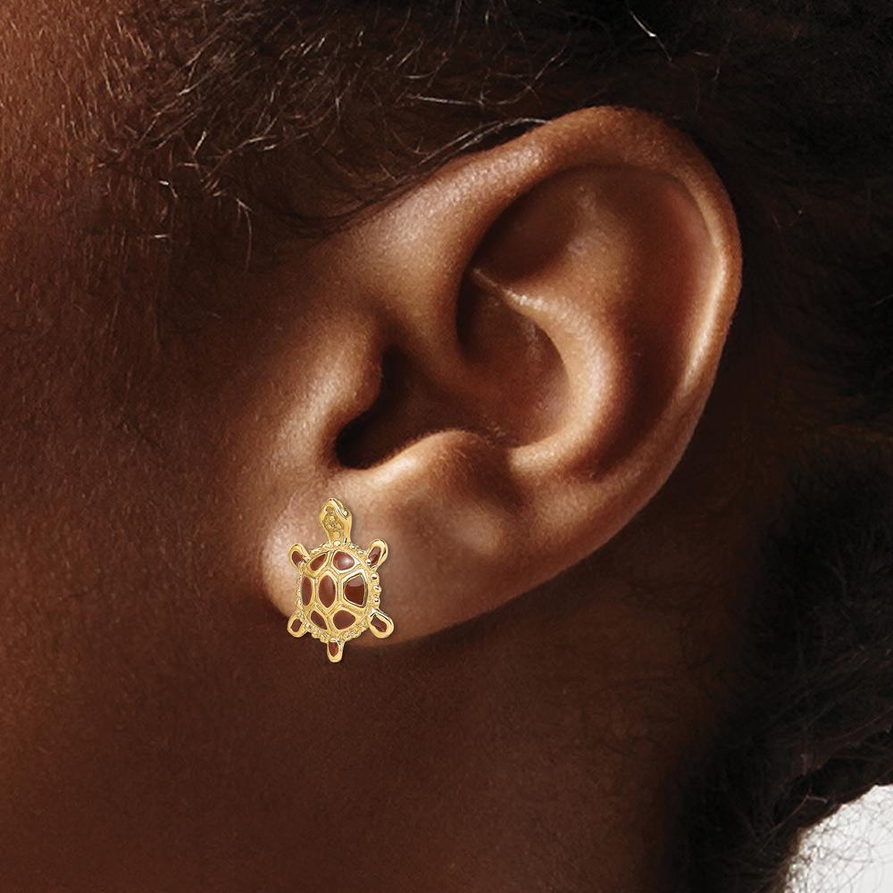 14K Yellow Gold Sea Turtle Button Earrings with Spiny Brown Enamel Shell - 12.25mm Length by 0