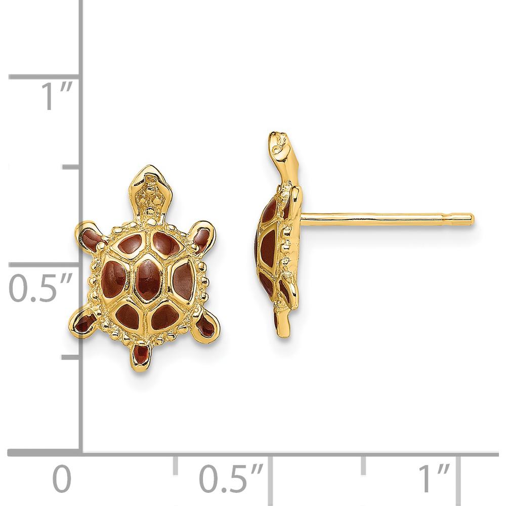 14K Yellow Gold Sea Turtle Button Earrings with Spiny Brown Enamel Shell - 12.25mm Length by 0