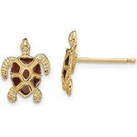 14K Yellow Gold Sea Turtle Earrings with Brown Enamel Shell - Textured Post Design by 0
