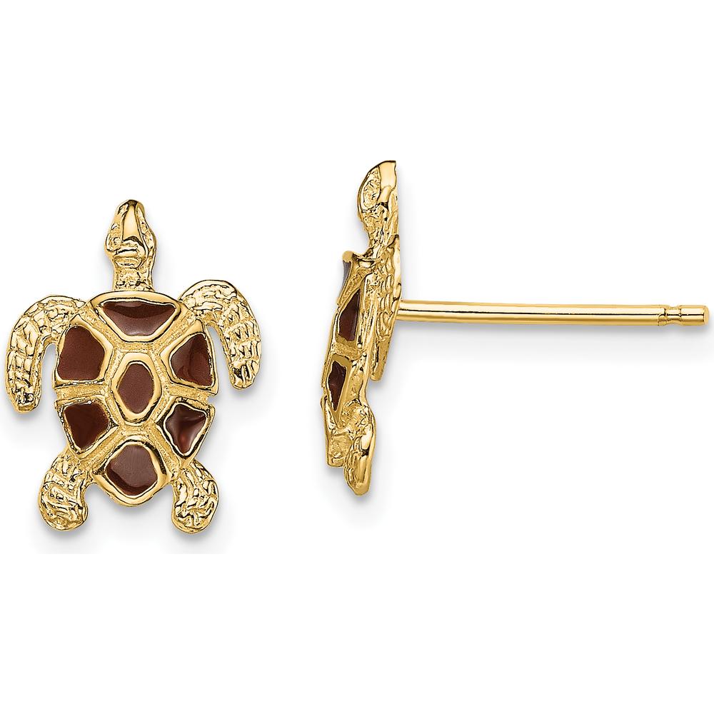 14K Yellow Gold Sea Turtle Earrings with Brown Enamel Shell - Textured Post Design by 0