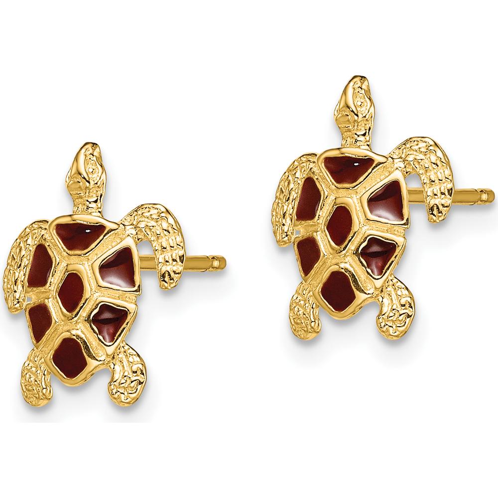 14K Yellow Gold Sea Turtle Earrings with Brown Enamel Shell - Textured Post Design by 0