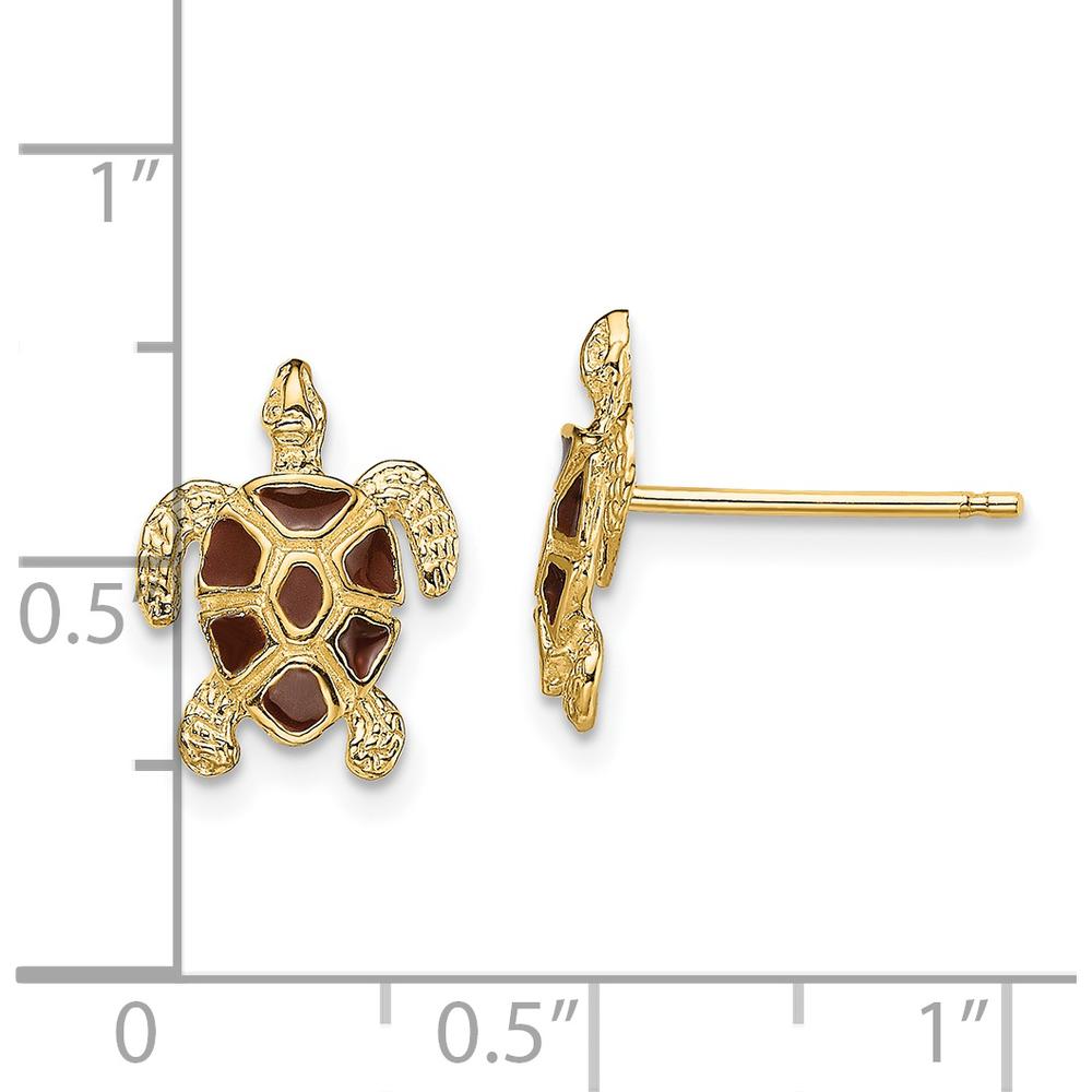 14K Yellow Gold Sea Turtle Earrings with Brown Enamel Shell - Textured Post Design by 0