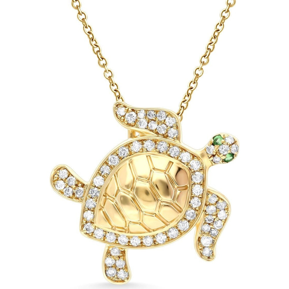 14K Yellow Gold Sea Turtle Motif Pendant Necklace with Round Diamond Halo and Tsavorite Eyes - 0.33 Carat Total Diamond Weight by Auriventus