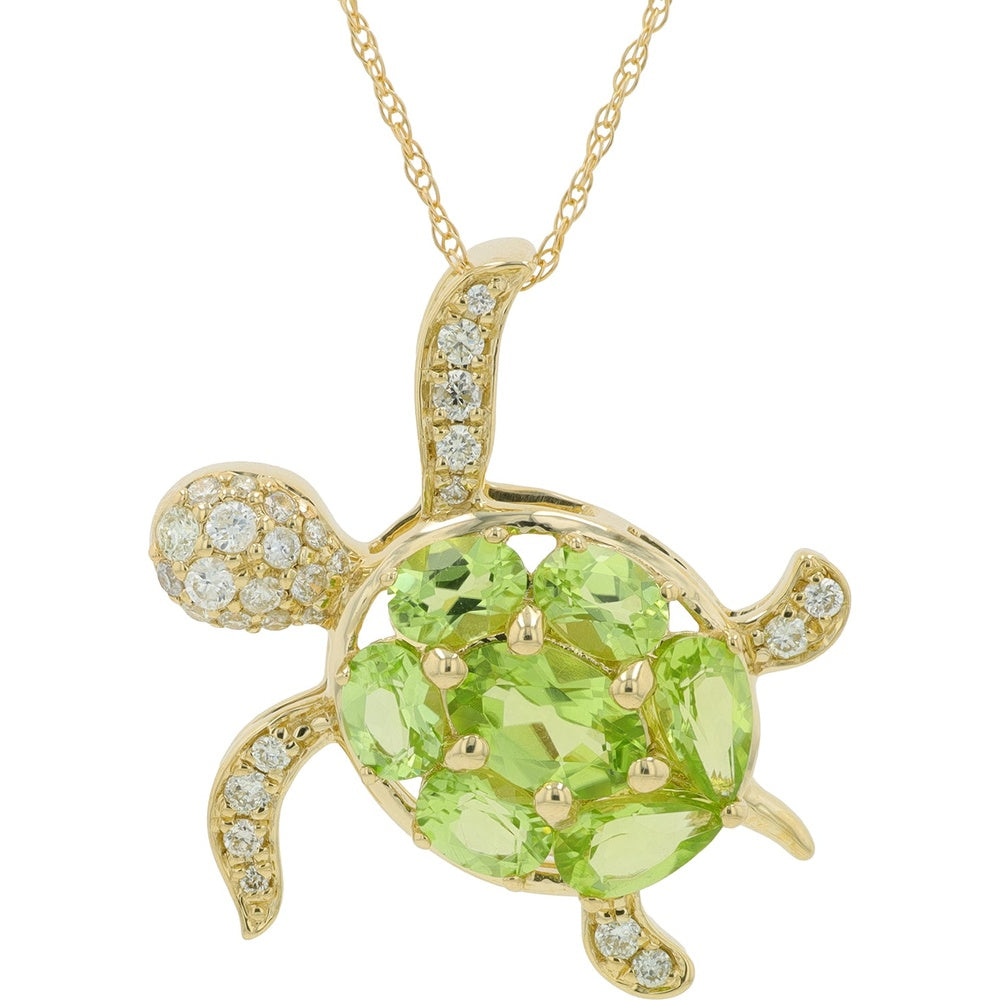14K Yellow Gold Sea Turtle Pendant with Round Diamonds and Pavé-Set Peridot Gemstones - 1.85 Carat Total Peridot Weight and 0.25 Carat Total Diamond Weight
