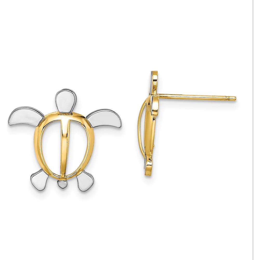 14K Yellow Gold Sea Turtle Post Earrings with Rhodium Plating - Nature Inspired Design by 0