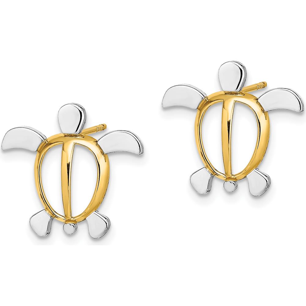 14K Yellow Gold Sea Turtle Post Earrings with Rhodium Plating - Nature Inspired Design by 0