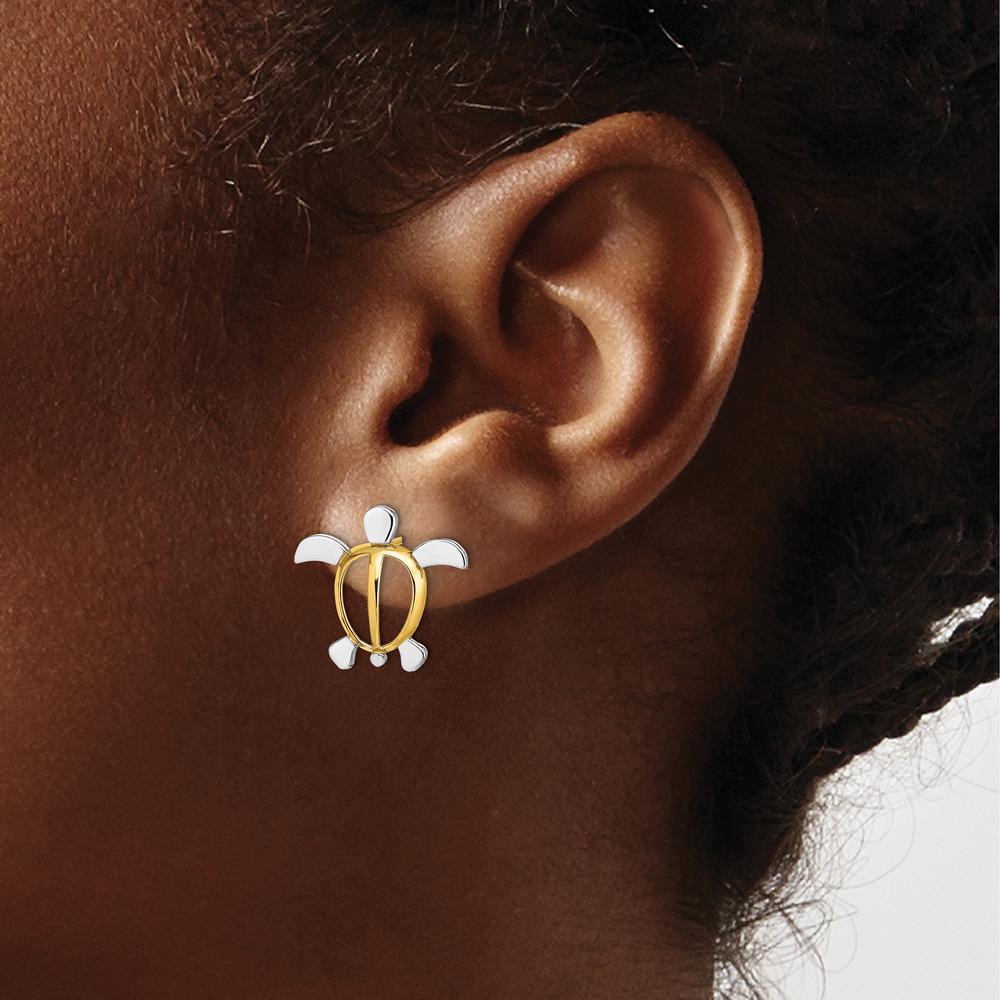 14K Yellow Gold Sea Turtle Post Earrings with Rhodium Plating - Nature Inspired Design by 0