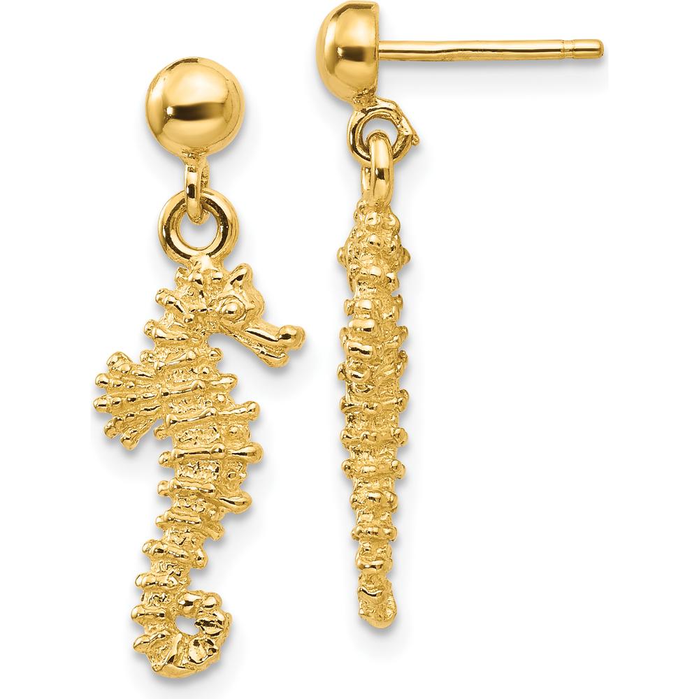 14K Yellow Gold Seahorse Dangle Earrings - 24mm Length by 0