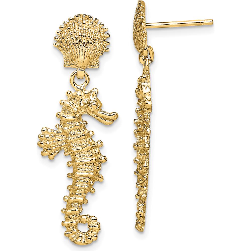 14K Yellow Gold Seahorse Dangling Earrings from Shell - 30.25mm Length by 0