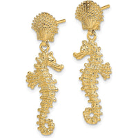 14K Yellow Gold Seahorse Dangling Earrings from Shell - 30.25mm Length by 0