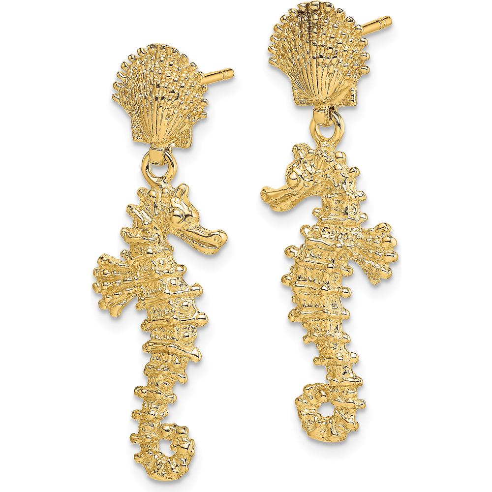 14K Yellow Gold Seahorse Dangling Earrings from Shell - 30.25mm Length by 0