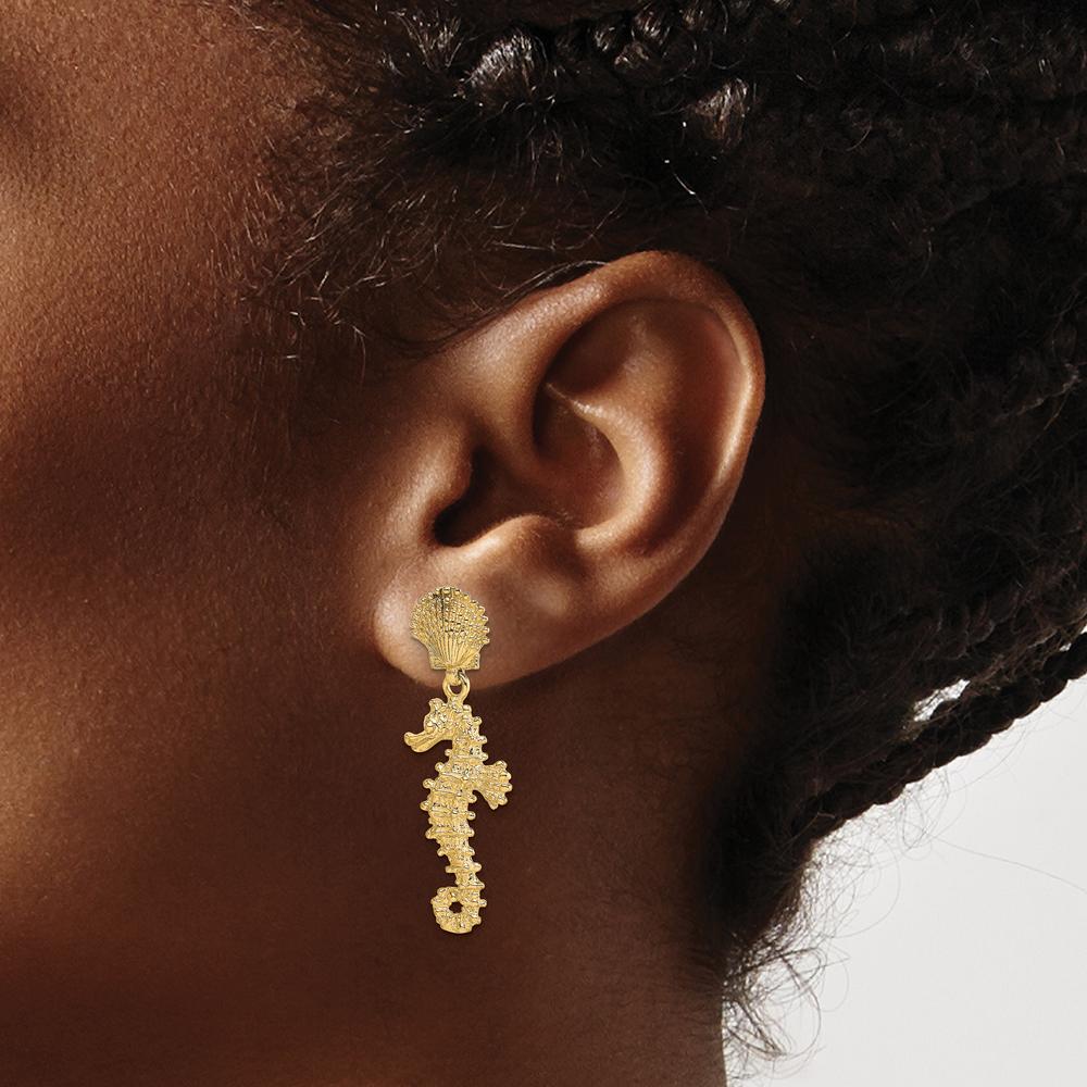 14K Yellow Gold Seahorse Dangling Earrings from Shell - 30.25mm Length by 0