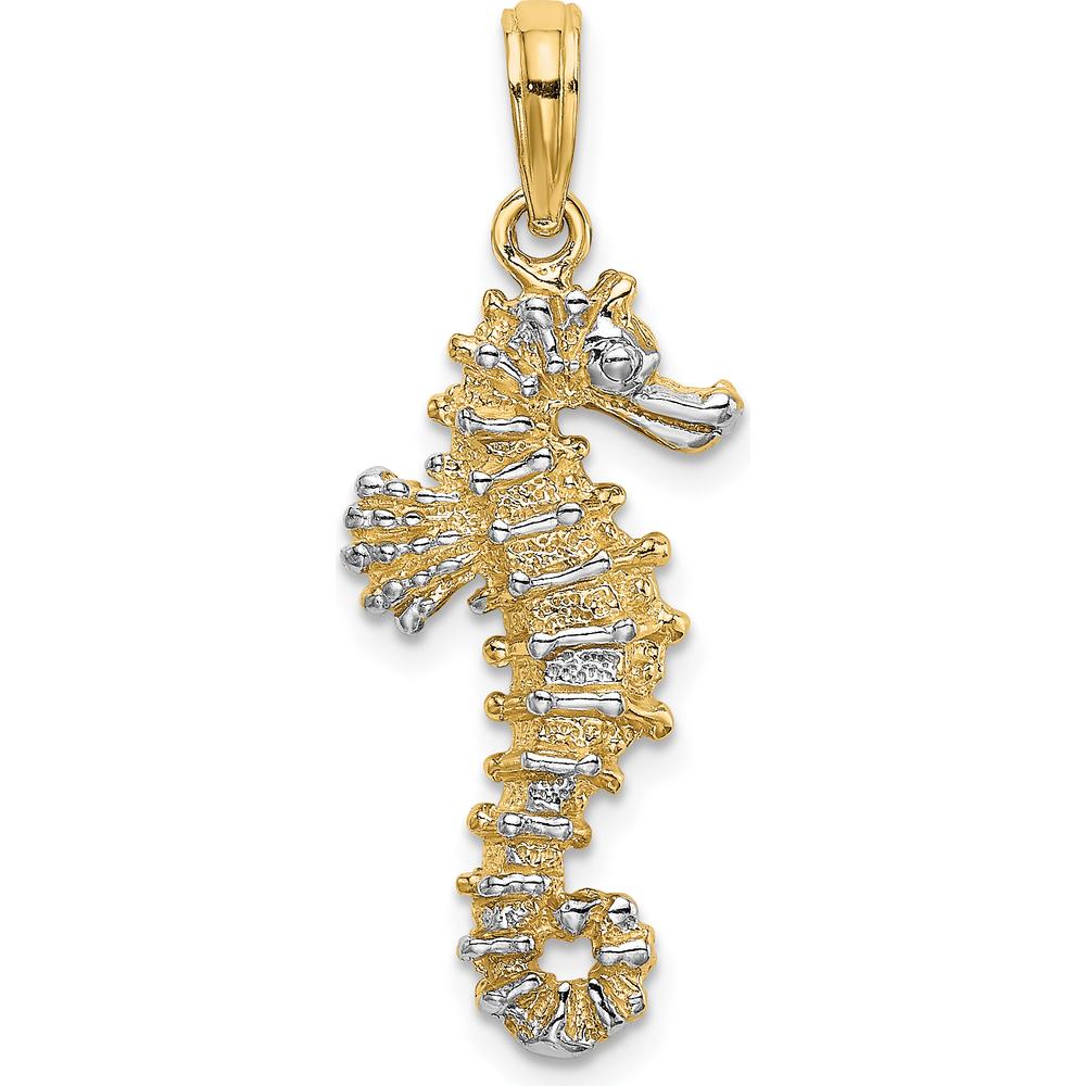 14K Yellow Gold Seahorse Pendant with Rhodium Accents - Polished Finish, 31mm Long by Oro Pregiato