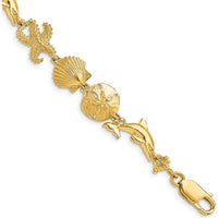 14K Yellow Gold Seashore Theme Bracelet with Starfish, Shell, Sand Dollar, and Dolphin Charms - 7.25" Length by Oro Pregiato