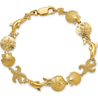 14K Yellow Gold Seashore Theme Bracelet with Starfish, Shell, Sand Dollar, and Dolphin Charms - 7.25" Length by Oro Pregiato