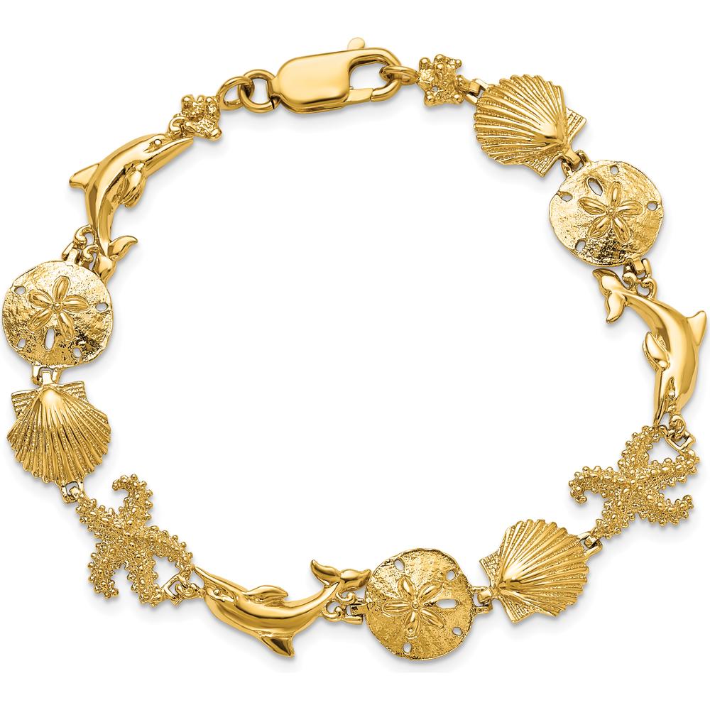 14K Yellow Gold Seashore Theme Bracelet with Starfish, Shell, Sand Dollar, and Dolphin Charms - 7.25" Length by Oro Pregiato
