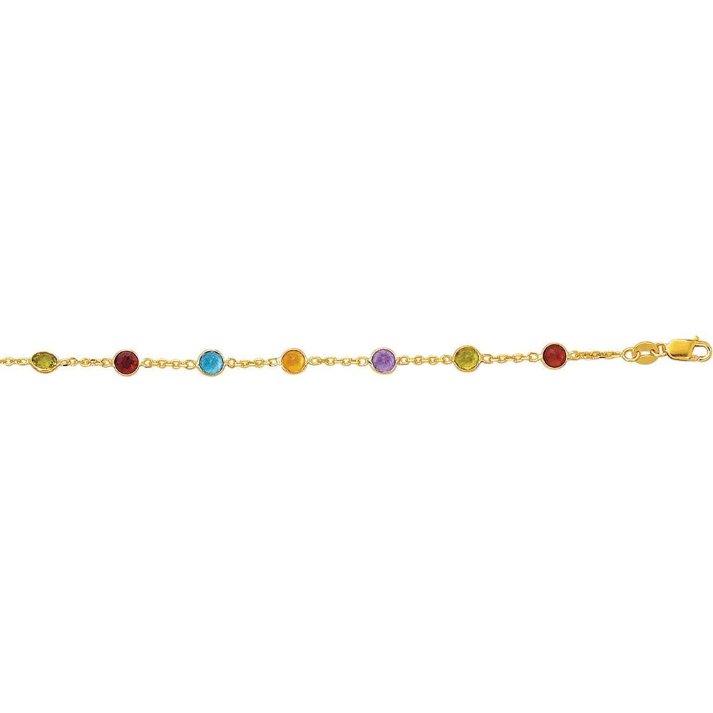 14K Yellow Gold Semi-Precious Gemstone Anklet with Bezel Set Garnet, Peridot, Amethyst, Citrine, and Blue Topaz - 10" Length by Orozza Fine Jewelry