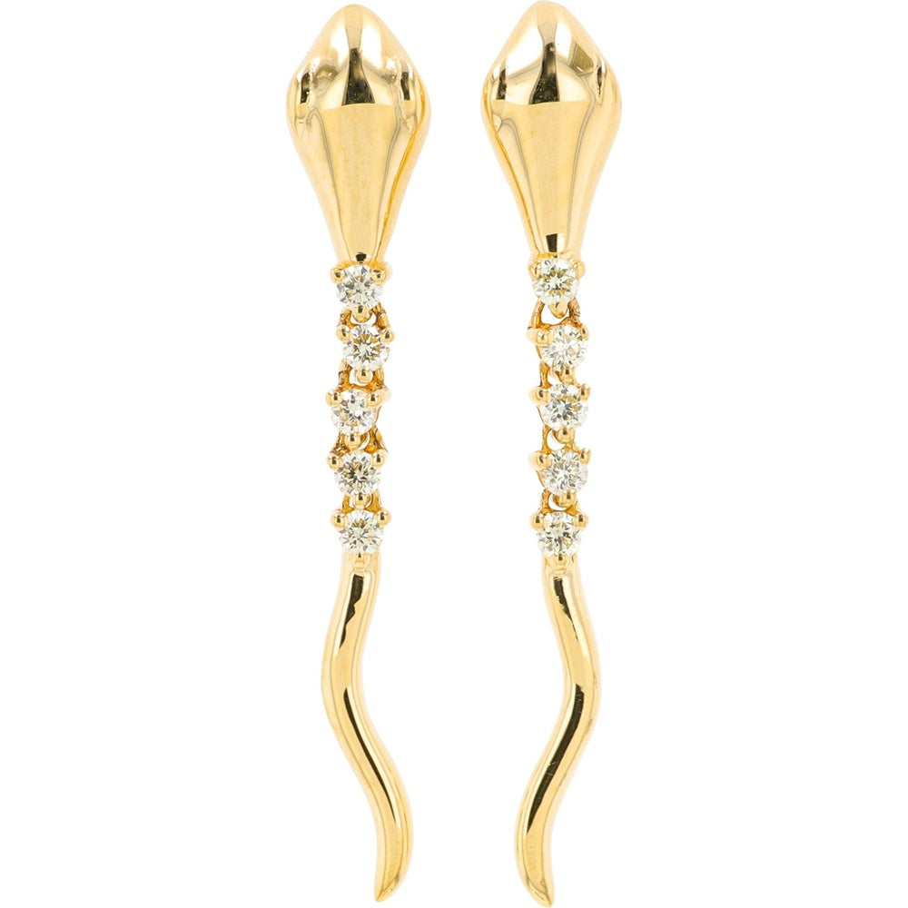 14K Yellow Gold Serpent Drop Earrings with Prong-Set Round Diamonds - 0.17 Carat Total Diamond Weight