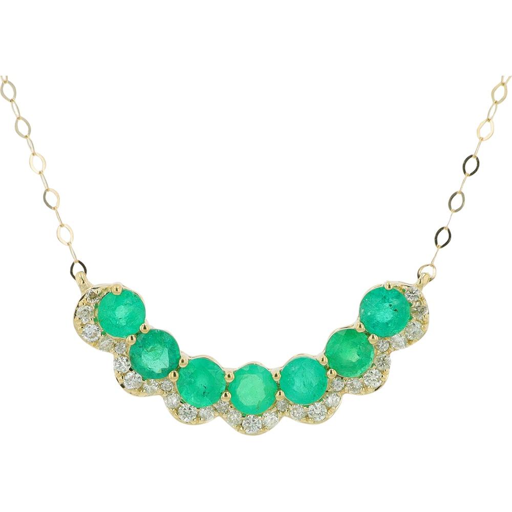 14K Yellow Gold Seven Stone Necklace with Emeralds and Diamond Accents - 0.85 Carat Total Emerald Weight, 0.16 Carat Total Diamond Weight