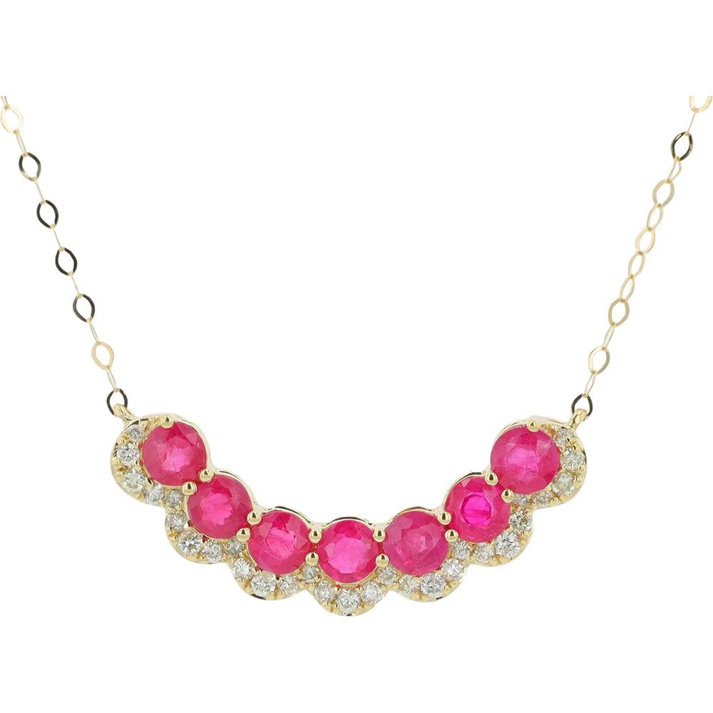 14K Yellow Gold Seven Stone Necklace with Rubies and Diamonds - 1 Carat Total Ruby Weight, 0.16 Carat Total Diamond Weight