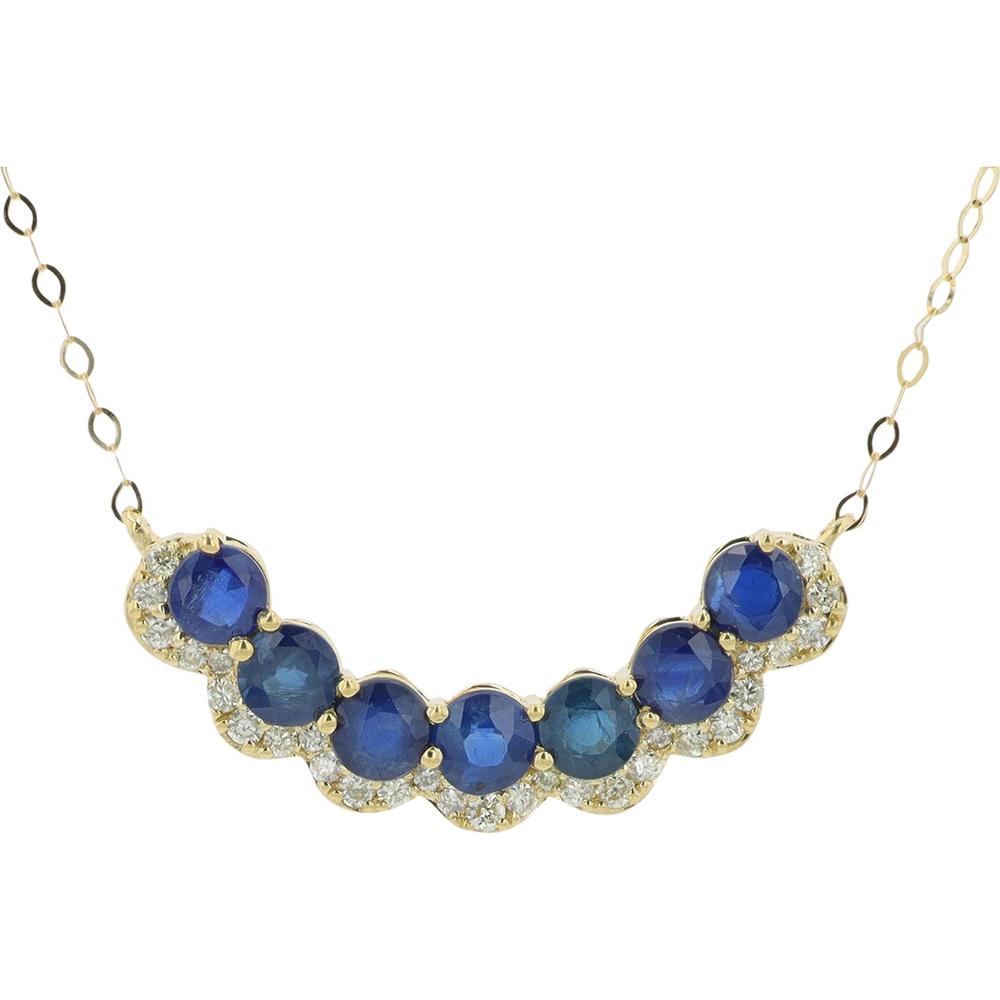14K Yellow Gold Seven Stone Sapphire Necklace with Diamonds - 1.25 Carat Total Sapphire Weight